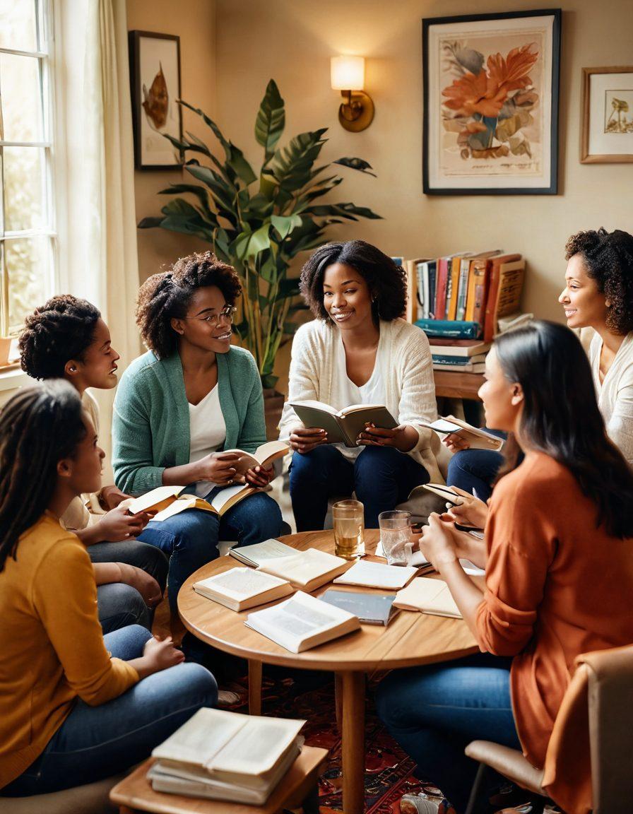 A diverse group of women sitting in a cozy, warmly lit room, engaged in candid discussion. Include a variety of books and health pamphlets scattered on a table, symbolizing knowledge and empowerment. One woman is speaking passionately while others listen intently, showcasing unity and support. Soft textures and warm colors for an inviting atmosphere. super-realistic. vibrant colors. cozy setting.