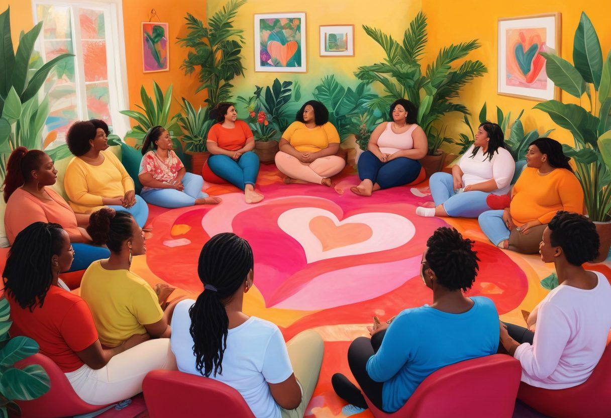 A diverse group of individuals engaging in a lively discussion, surrounded by colorful, abstract representations of body shapes and sizes. The setting is a cozy, inviting space filled with plants and soft lighting, emphasizing warmth and acceptance. Incorporate symbols of body positivity, such as hearts and flowers, to enhance the atmosphere of love and support. The participants should be from various backgrounds, showcasing inclusivity. vibrant colors. painting.